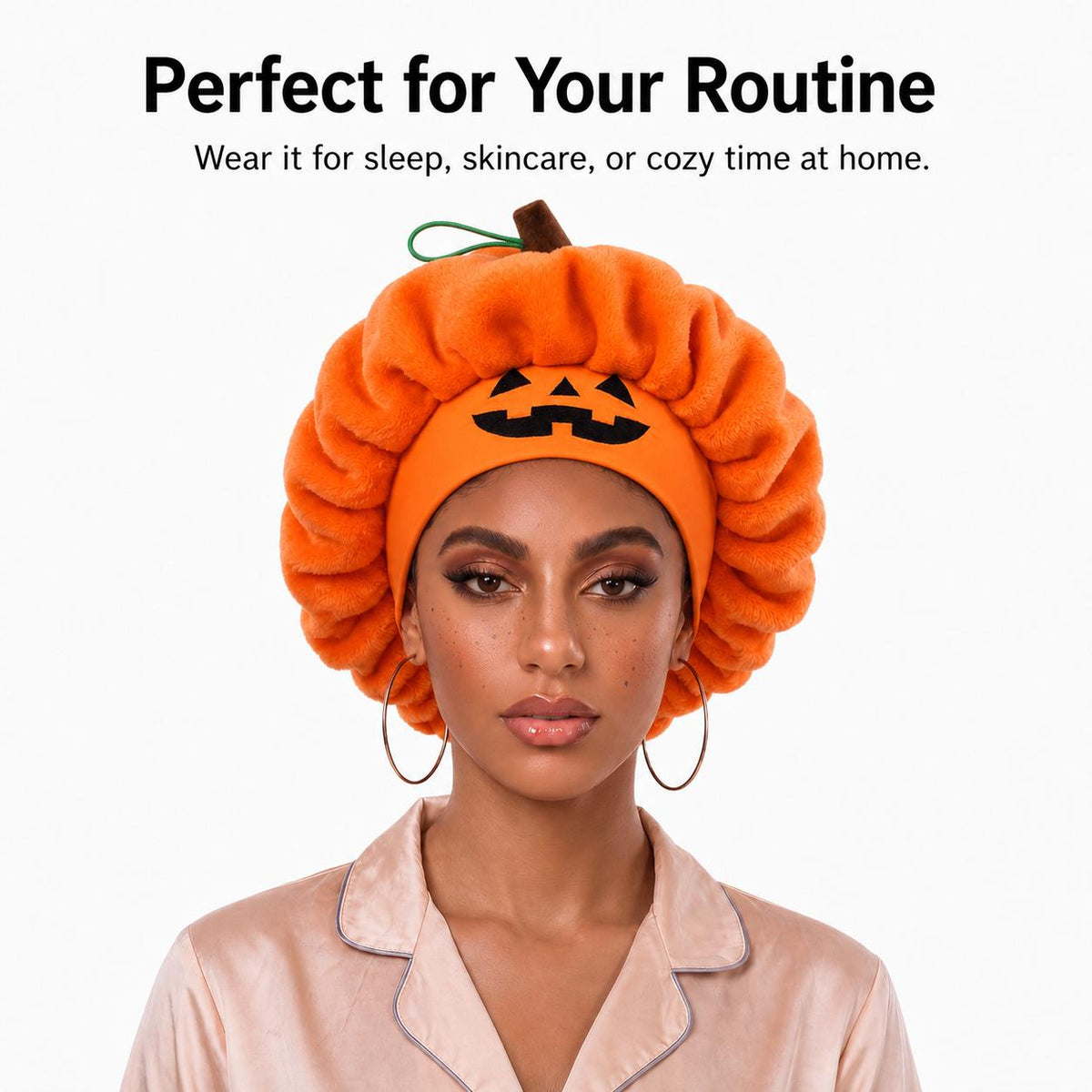 Model wearing the orange pumpkin sleep cap, routine styling shot