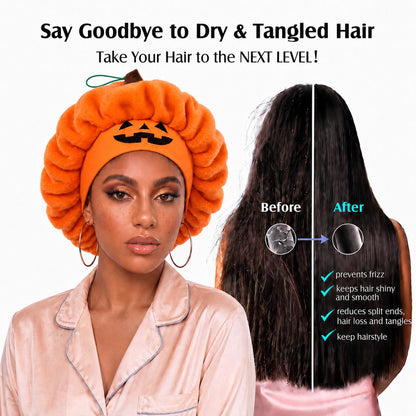 Model wearing the orange pumpkin sleep cap in a before-and-after hair comparison graphic from the listing
