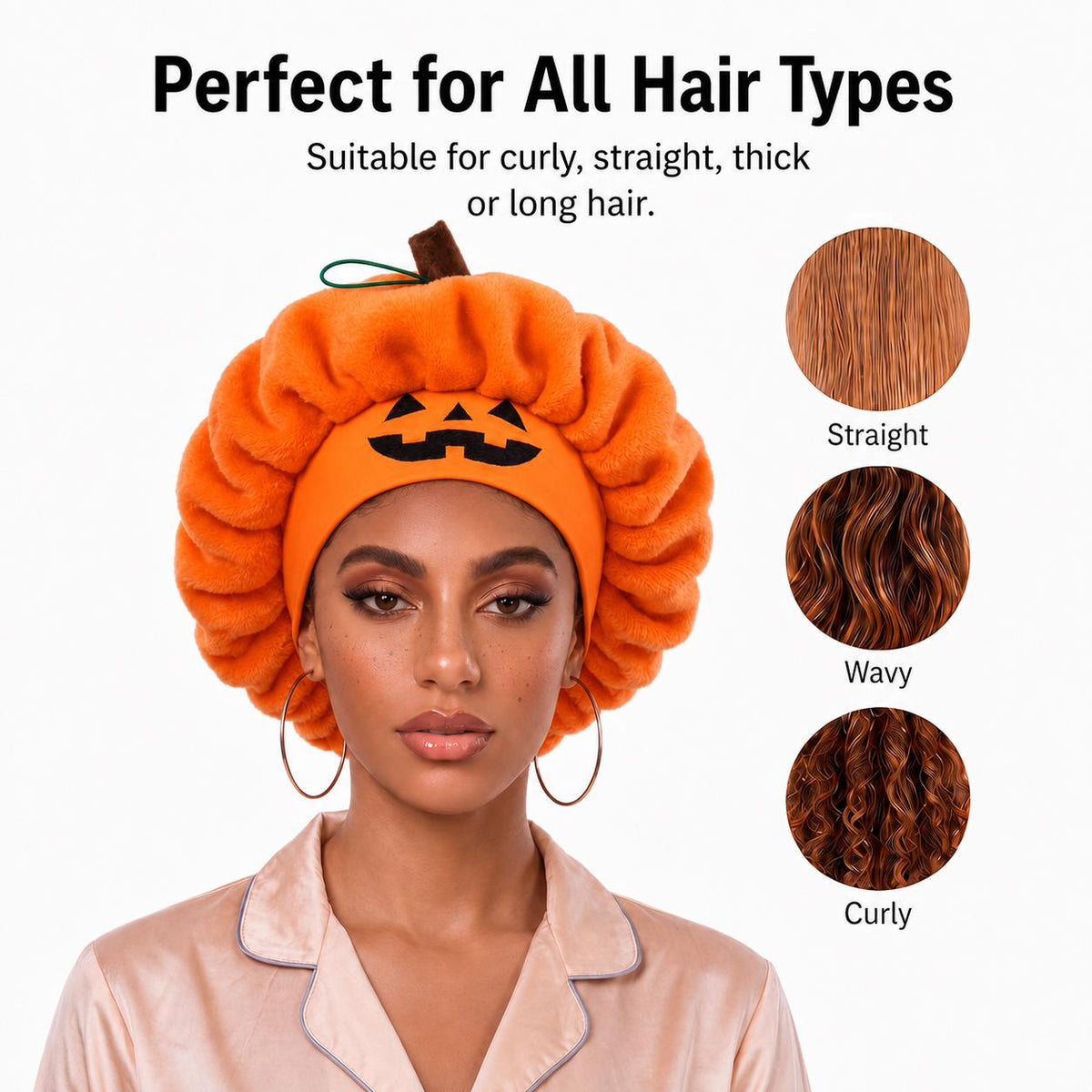 Model wearing the orange pumpkin sleep cap with hair-type insets from the listing