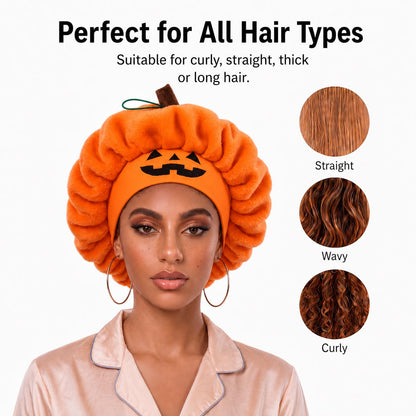 Model wearing the orange pumpkin sleep cap with hair-type insets from the listing