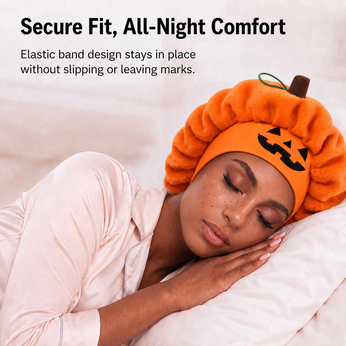 Model sleeping in the orange pumpkin sleep cap