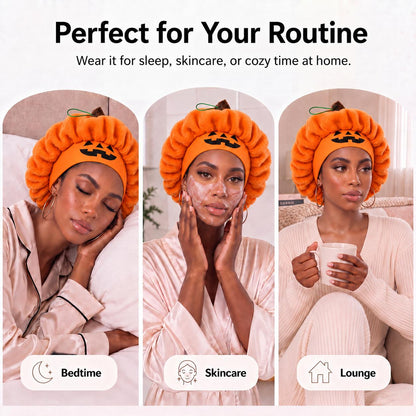 The orange pumpkin sleep cap shown for bedtime, skincare and lounging routines